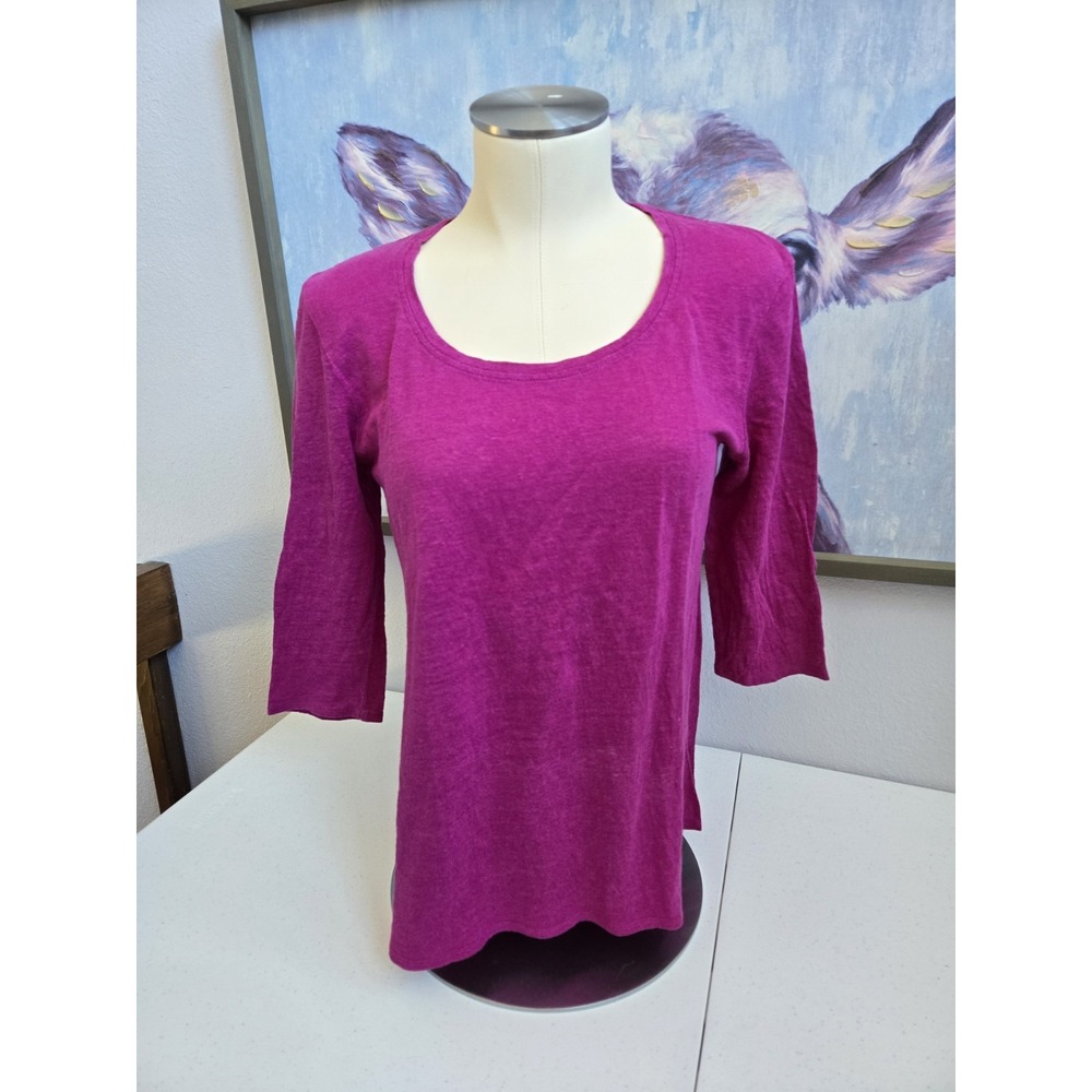 Eileen Fisher Women's Petite‎ Small Magenta 100% Linen 3/4 Sleeve T-Shirt
